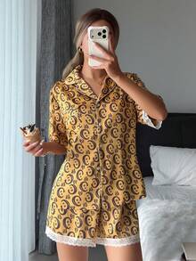 2件套夏季时尚舒适女士Polo领衬衫和蕾丝边短裤睡衣套装，休闲居家，派对风格 - 薑色 - 查看 5