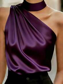 Women's Elegant Off-Shoulder Sleeveless Top, Loose Fit, Satin Fabric, Asymmetric Ruched Design, Suitable For Evening Dates, Valentine's Day, Spring/Summer Casual Occasions - Purple - View 5