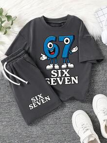 Baby Boy Letter & Number Print Round Neck Short Sleeve T-Shirt And Shorts Casual Daily Outfit - Dark Grey - View 2