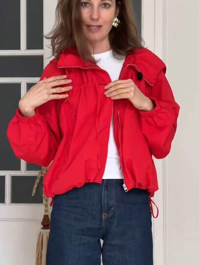 TF.MLN Women's Spring/Autumn New Fashion Red Bow Decor Hooded Jacket