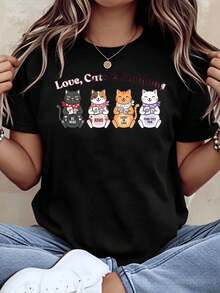 Cute Cat Lover Graphic T-Shirt Love Cats And Mahjong Print With Four Adorable Cats Holding Mahjong Tiles And Sweet Phrases For Casual Wear And Fun Outfits 220g - 黑色 - 查看 1