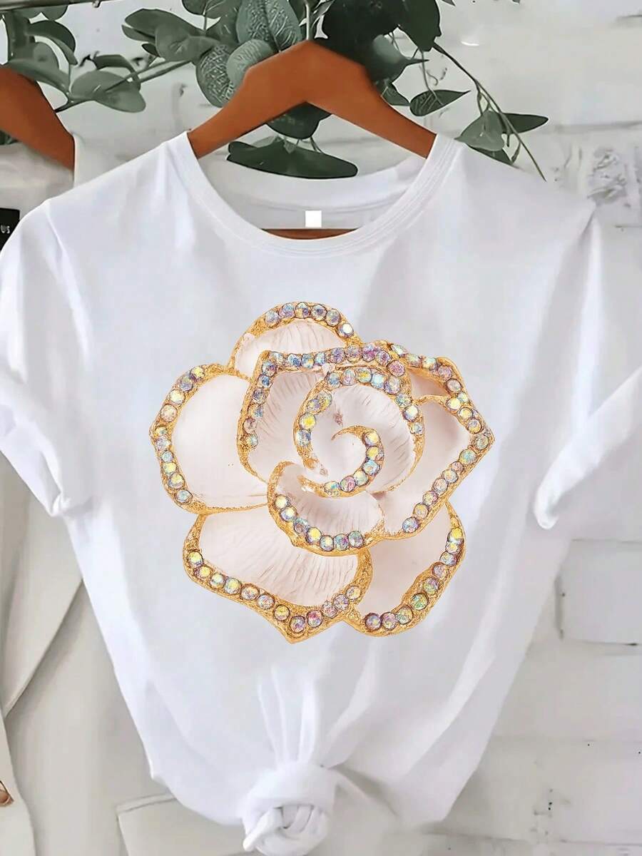 Women's Elegant Floral T-Shirt |   Soft Pink And Gold Floral Pattern, Breathable, Casual And Party Top, Simple Design, Round Neck, Comfortable Fit, Lightweight, Short Sleeves, Summer Fashion Women's T-Shirt - trắng - Xem 1