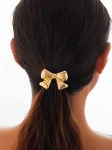 European And American INS Minimalist Floral Leather Scrunchie Bowknot Metal Hair Ties, Minimalist Elastic Hair Ties, Zinc Alloy Hair Accessories, Suitable For All Seasons Travel Accessories Ponytail Holders Hair Elastics Hair Rubber Bands Hair Rope Elastic Hair Tie - Gold - View 1