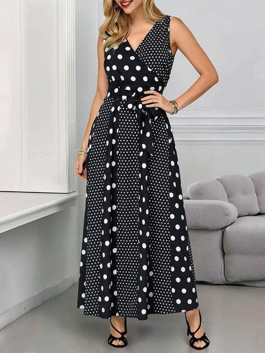 新款夏季V领无袖波点拼接系腰连衣裙，优雅长裙，适合通勤、度假、约会、派对等场合。 - 黑與白 - 查看 1
