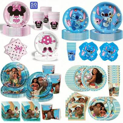 DOBBLE Disney50-Piece Disposable Tableware Includes 10 Dinner Plates, 10 Dessert Plates, 10 Paper Cups, And 20 Paper Towels, Making It The Perfect Party Supplies Set For Camping, Picnics, Backyard Barbecues, Weddings, Birthday Parties.