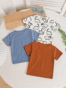 Conjunto de 3 piezas para bebé niño con estampado de dinosaurio lindo de dibujos animados, camiseta de manga corta de cuello redondo y pantalones cortos, ligero y cómodo para uso diario, salidas y en casa, primavera/verano - Multicolor - Ver 2
