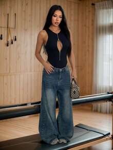 AITYI Studio, Bộ jumpsuit nữ, Phong cách tối giản, Thường ngày, Trang phục ngoài trời, Trang phục dự lễ hội âm nhạc, Gợi cảm, Phong cách cá tính, Đa năng, Thích hợp cho hồ bơi, phòng tập gym, pilates, đi làm, dự tiệc, Thiết kế khóa kéo đôi phía trước, Jumpsuit đen, Mùa tựu trường, Giới trẻ, Trang phục mùa xuân và hè - màu đen - Xem 7