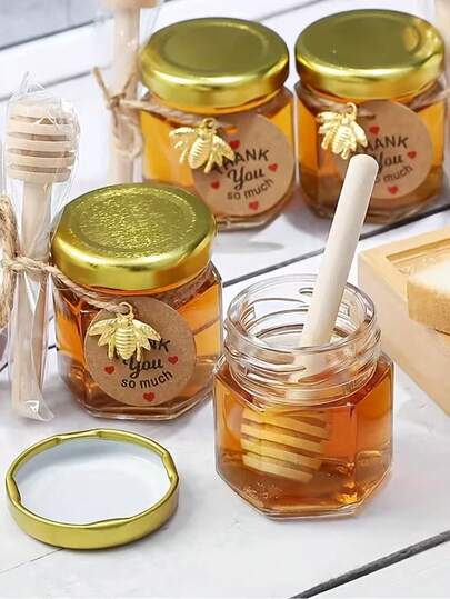 Bộ 10 hũ/5 hũ, lọ mật ong mini hình lục giác 45ml (1.5oz/45ml) kèm túi quà, thẻ cảm ơn, mặt dây chuyền hình ong, dây gai, thích hợp làm quà tặng cô dâu trong đám cưới, quà tặng mừng em bé chào đời, quà tặng tiệc tùng, quà tặng ngày Valentine.