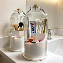 Toothbrush Holder With Sliding Lid, 360° Rotating Bathroom Organizer, 3-Slot Countertop Storage Caddy For Toothbrush & Toothpaste, Dustproof Waterproof Sink Organizer, Space Saving Multi-Purpose Bathroom Storage, Home Essentials Bathroom Accessories, Vanity Organizer, Practical Restroom Supplies, Stylish Countertop Organizer, White & Gray - 白色 - 查看 1