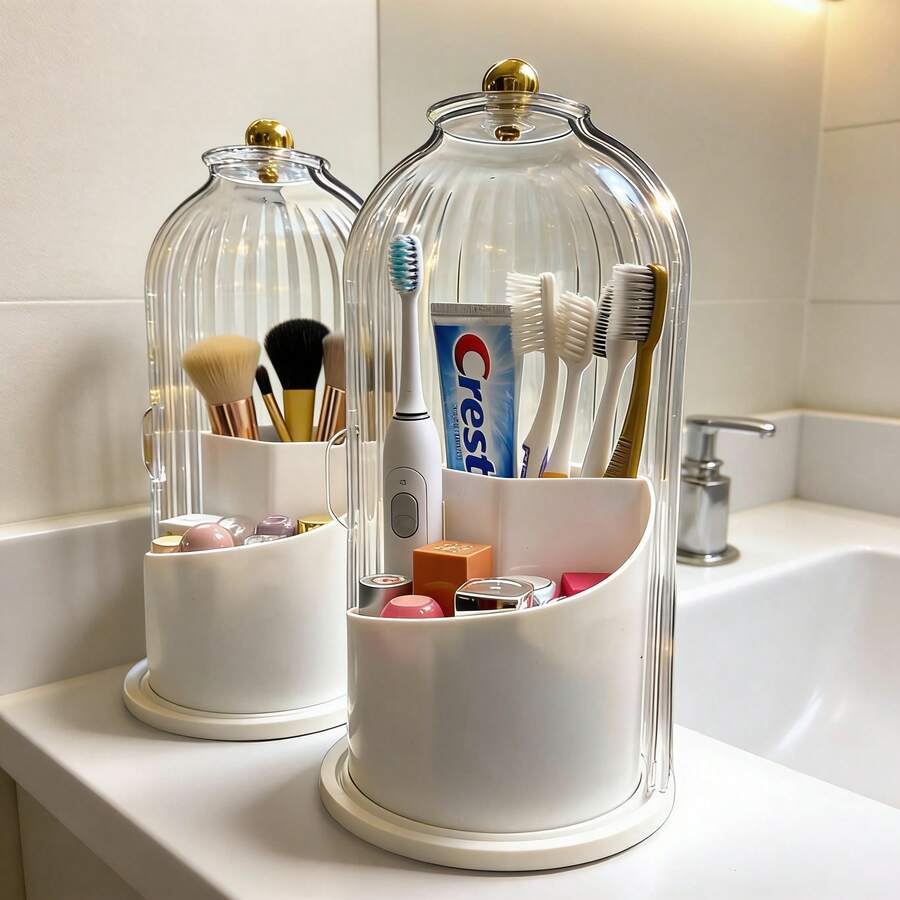 Toothbrush Holder With Sliding Lid, 360° Rotating Bathroom Organizer, 3-Slot Countertop Storage Caddy For Toothbrush & Toothpaste, Dustproof Waterproof Sink Organizer, Space Saving Multi-Purpose Bathroom Storage, Home Essentials Bathroom Accessories, Vanity Organizer, Practical Restroom Supplies, Stylish Countertop Organizer, White & Gray - 白色 - 查看 1