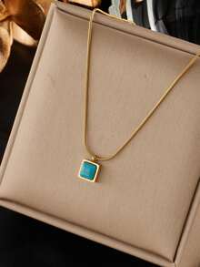 1 pieza Collar de cadena de acero de titanio con colgante cuadrado de turquesa minimalista vintage, collar de turquesa cuadrada de lujo para mujer, diseño único y de alta gama, cadena de clavícula que no se desvanece - Multicolor - Ver 7