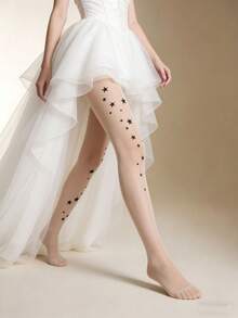1 par de medias transparentes color piel con estampado de galaxia y estrellas, medias delgadas y antideslizantes con diseño celestial para el estilo de la temporada de bodas y Y2K - Multicolor - Ver 3