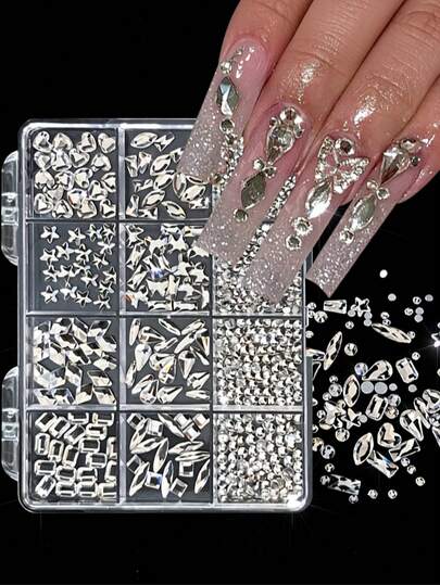 12格盒装3D美甲水钻套装，混合形状和尺寸K9玻璃平底透明美甲宝石，闪亮圆形和特殊形状美甲饰品，适用于DIY美甲美妆用品
