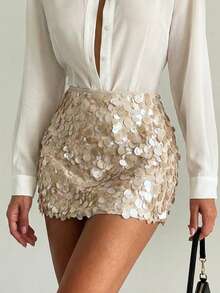 Women's Elegant Champagne Color Sequin Mini Skirt, Sexy Fashion Party Dress - Apricot - View 8