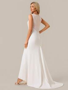 EVERPRETTY Đầm cưới dài không tay lãng mạn, thanh lịch, cổ áo xuyên thấu và chi tiết ren đính kết, thích hợp cho đám cưới ngoài trời mùa xuân/hè. - trắng - Xem 5