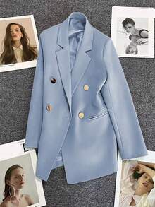 Spring & Summer Women's Solid Long Sleeve Double-Breasted Blazer, Notched Lapels | Ideal For Dates, Parties, Outings & Festive Celebrations - Baby Blue - View 5