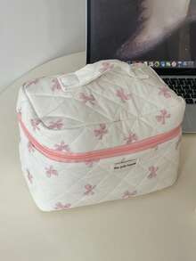 1/2/3 pièces/set Sac de maquillage floral rose avec blocs de couleur, sac de rangement portable grande capacité, sac à main de luxe léger pour femmes, trousse de toilette, usage polyvalent avec fermeture éclair, peut contenir du rouge à lèvres, des cosmétiques, des produits de soins de la peau, essentiel pour les voyages, un set résout les problèmes de rangement de maquillage, cadeau de la fête des mères pour maman, petite amie, Thanksgiving, fête des mères - Poudre blanche - Voir 8