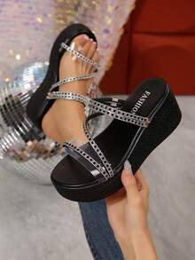 Giày sandal đế xuồng nữ, quai trong suốt đính đá, buộc cổ chân, đế dày, gót cao, hở mũi, có thể điều chỉnh, thích hợp cho mùa hè, đi biển, dự tiệc, đám cưới. - màu đen - Xem 1
