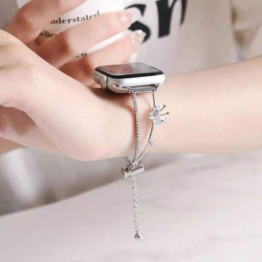 1 chiếc dây đeo đồng hồ hình bướm dành cho nữ, tương thích với Apple Watch có kích thước 45/49/38/40/41/42/44/46mm, phù hợp với Ultra/SE/11/10/9/8/7/6/5/4/3/2/1, dây đeo hình bướm đính đá Zirconia thời trang. - Bạc - Xem 1