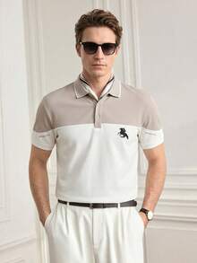 Officeau Polo slim pour homme d'été, Top boutonnée avec col à revers contrasté et broderie, convient pour un usage quotidien et extérieur - Blanc - Voir 1