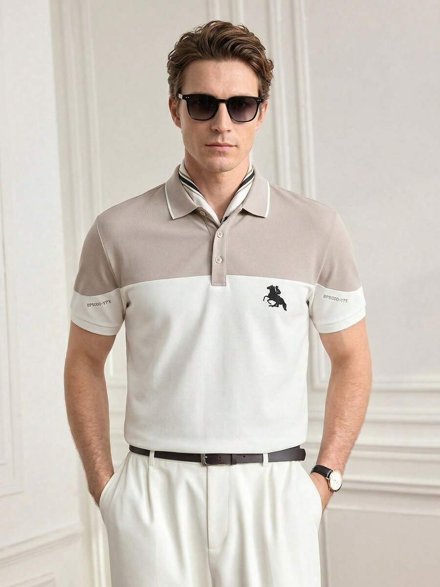 Officeau Polo slim pour homme d'été, Top boutonnée avec col à revers contrasté et broderie, convient pour un usage quotidien et extérieur - Blanc - Voir 1