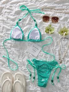Women's Spring/Summer New Metallic Fabric Beaded Sexy Sweet 3-Piece Bikini, Suitable For Beach, Vacation And Holiday Parties - Peacock Blue - View 3