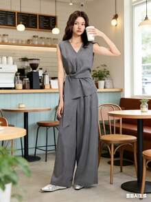 Women's Linen Set With A V-Neck, Adjustable Waist, Comfortable And Casual-Chic Style. - 灰色 - 查看 2