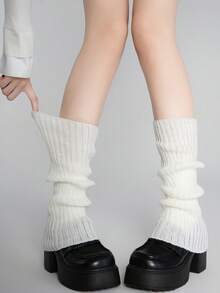 1 par de calentadores de pierna holgados estilo Y2K para mujer, calentadores de pierna por encima de la rodilla de unicolor, a rayas verticales tejidas, gruesos calentadores de pierna para otoño/invierno - calcetín - Ver 6
