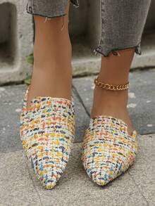 大码 35-45 码女士尖头套脚鞋，新款秋季户外日常休闲乐福鞋，黑色、棕色、米色、银色可选，软底休闲套脚鞋，百搭连衣裙，多种颜色可选 - 米黃藍小格 - 查看 5