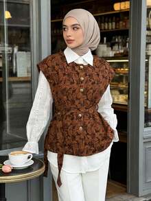 Muslim Women's Elegant Jacquard Batwing Sleeve Cardigan With Belt, Brown - Coffee Brown - View 1