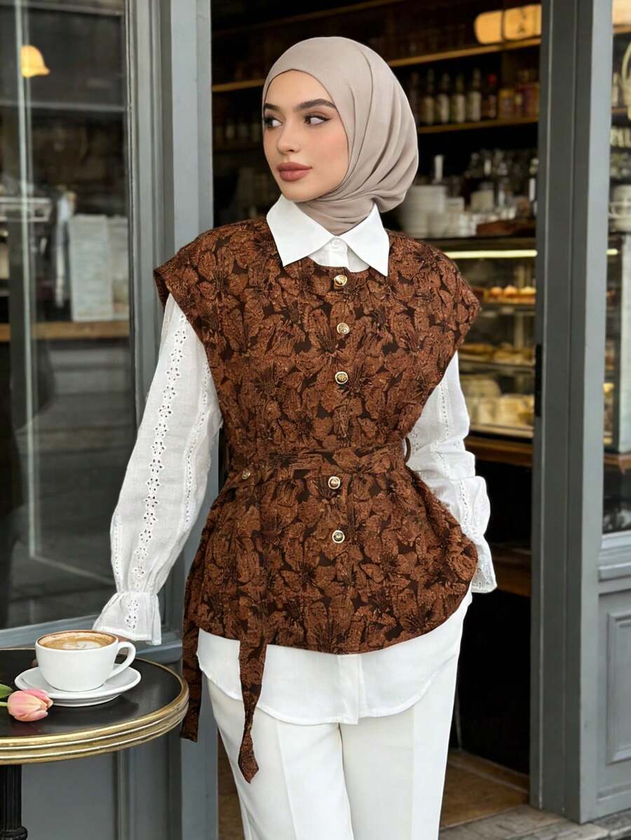 Muslim Women's Elegant Jacquard Batwing Sleeve Cardigan With Belt, Brown - Coffee Brown - View 1
