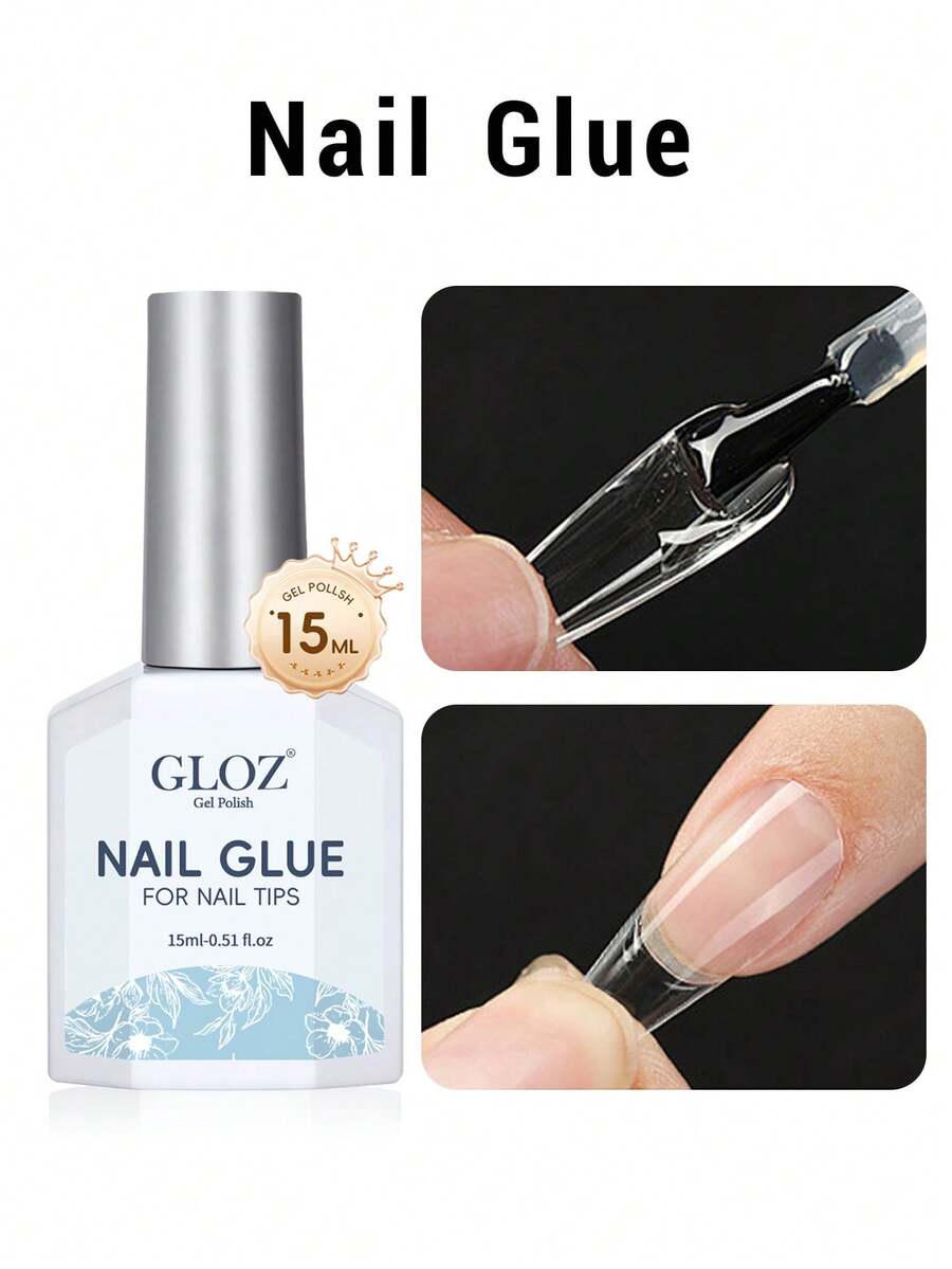 GLOZ 15ml 超強力指甲膠，適用於壓克力指甲、指甲尖、貼片假指甲，沙龍級刷塗式指甲膠，易於使用，持久耐用