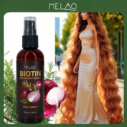  3-In-1 Biotin, Rosemary & Onion Hair Mist, MELAO Leave-In Hair Conditioner & Smoothing Spray, Suitable For Dry, Frizzy Hair, Tames Frizz, Adds Shine & Softness, Contains Biotin, Rosemary & Onion Extract, Light Formula, 100ml/3.38 Fl Oz