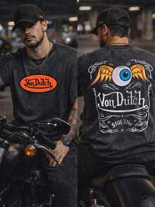Men Black Washed Cotton Streetwear Brand Street Style 100 Percent Pure Cotton T Shirt Front And Back Print With Vons Dutchs Logo And Eye With Wings Design For Casual Wear Outfits | Front And Back Print | Vintage Heavyweight T Shirt | Perfect Gift | Loose Comfortable Breathable | Machine Washable Fabric | Hip Hop Cool Style | Drippy Clothes | Y2K - 黑色 - 查看 1