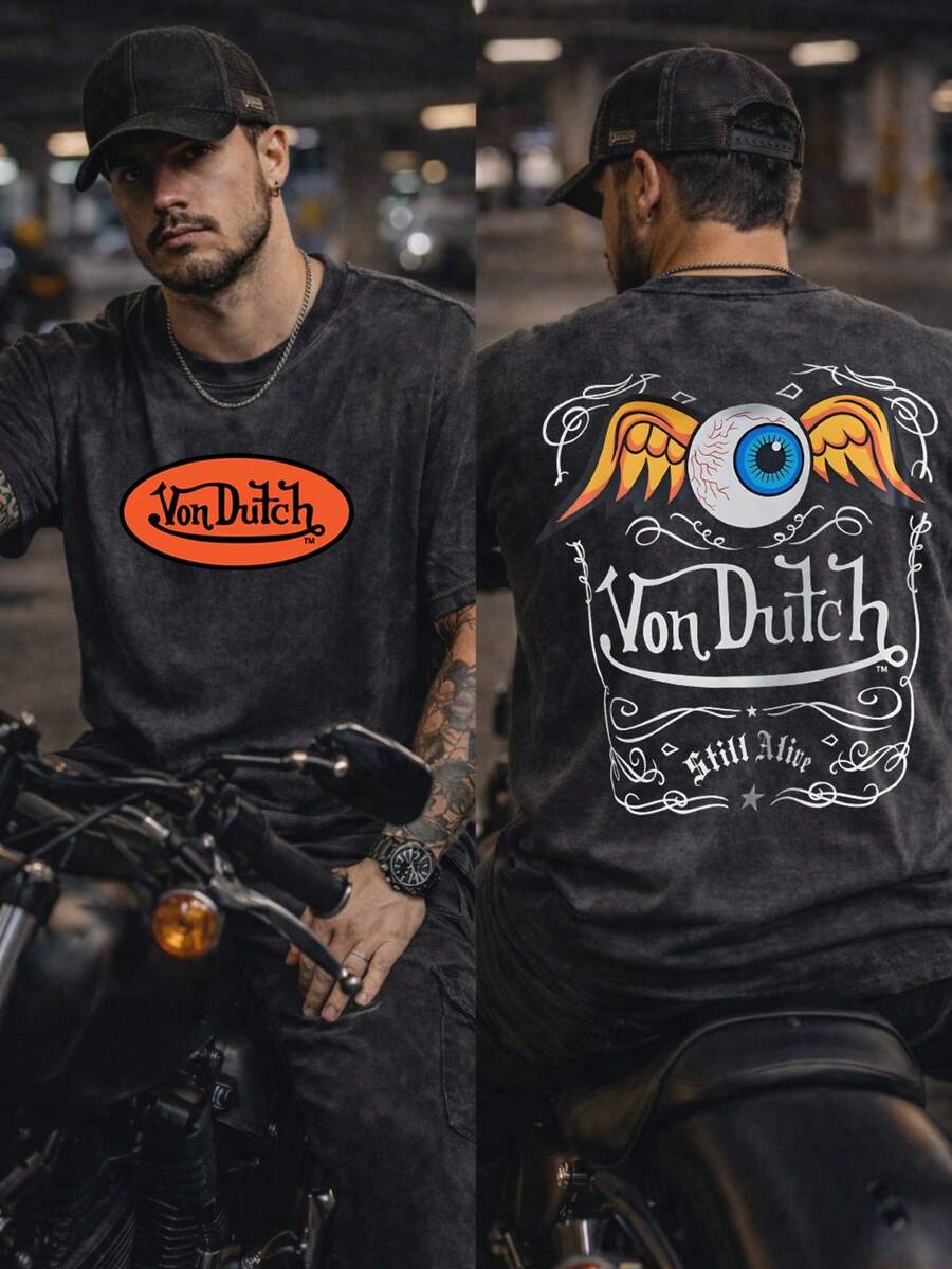 Men Black Washed Cotton Streetwear Brand Street Style 100 Percent Pure Cotton T Shirt Front And Back Print With Vons Dutchs Logo And Eye With Wings Design For Casual Wear Outfits | Front And Back Print | Vintage Heavyweight T Shirt | Perfect Gift | Loose Comfortable Breathable | Machine Washable Fabric | Hip Hop Cool Style | Drippy Clothes | Y2K - 黑色 - 查看 1