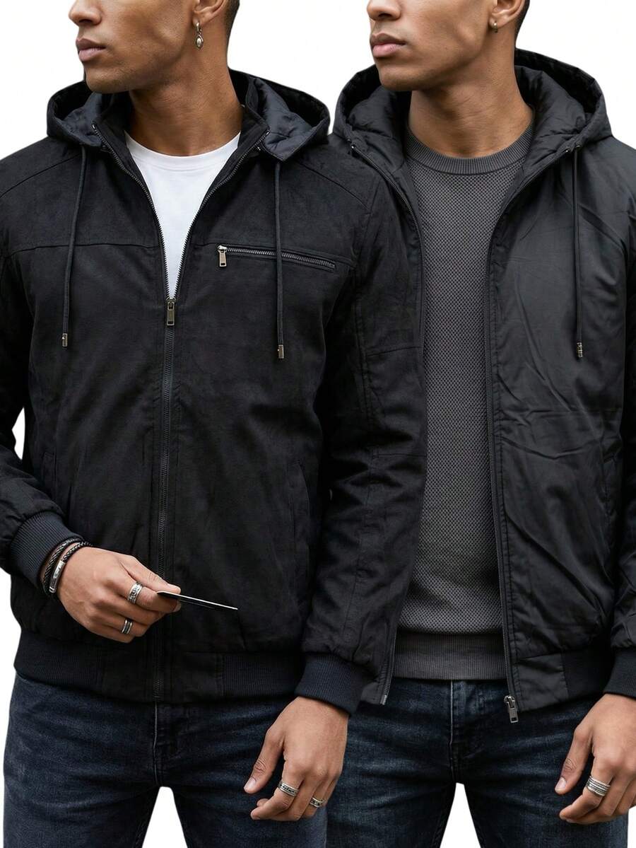 Men's Suede Jacket, Warm Lined Coat For Intense Cold Winters, Lined With Pockets - Black - View 1