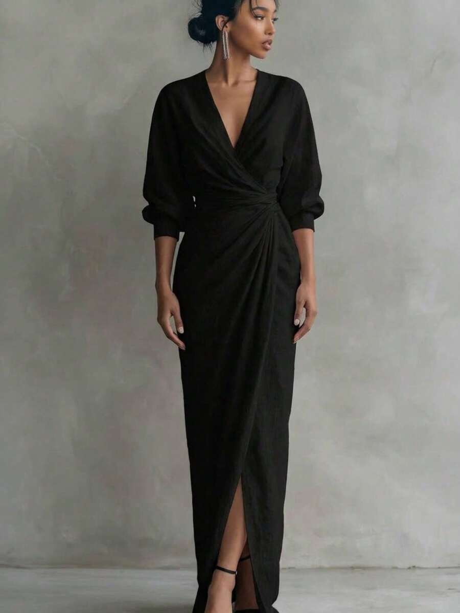 French Retro Linen Texture Wrapped Women's Dress - Fashionable, Elegant, Personalized, Banquet, Banquet, Sexy Spring And Summer New Style Solid Color V-Neck Long Sleeve Waist For Slimming, Bubble Sleeve Split Design Long Dress - màu đen - Xem 1