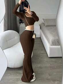 Slim Fit Set: Flare Ballerina Pants, Ribbed, High Waist, Cropped Top, Long Sleeve, Gringa Style, Casual, Sexy, Versatile, Comfy, Clean - 鏽棕色 - 查看 3