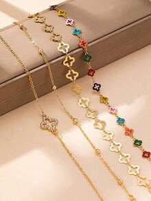 4pcs/Set Elegant Enamel Clover Pendant With Rhinestones, Suitable For Women's Daily And Vacation Outfits, Layered Anklet - Vàng - Xem 3