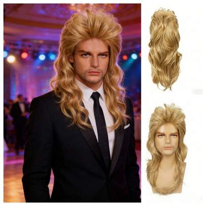 男士22英寸浅金色大波浪马尾长卷假发 - 150克耐热发丝，浅金色单款，附赠假发帽，适合复古迪斯科派对、舞会和舞台表演