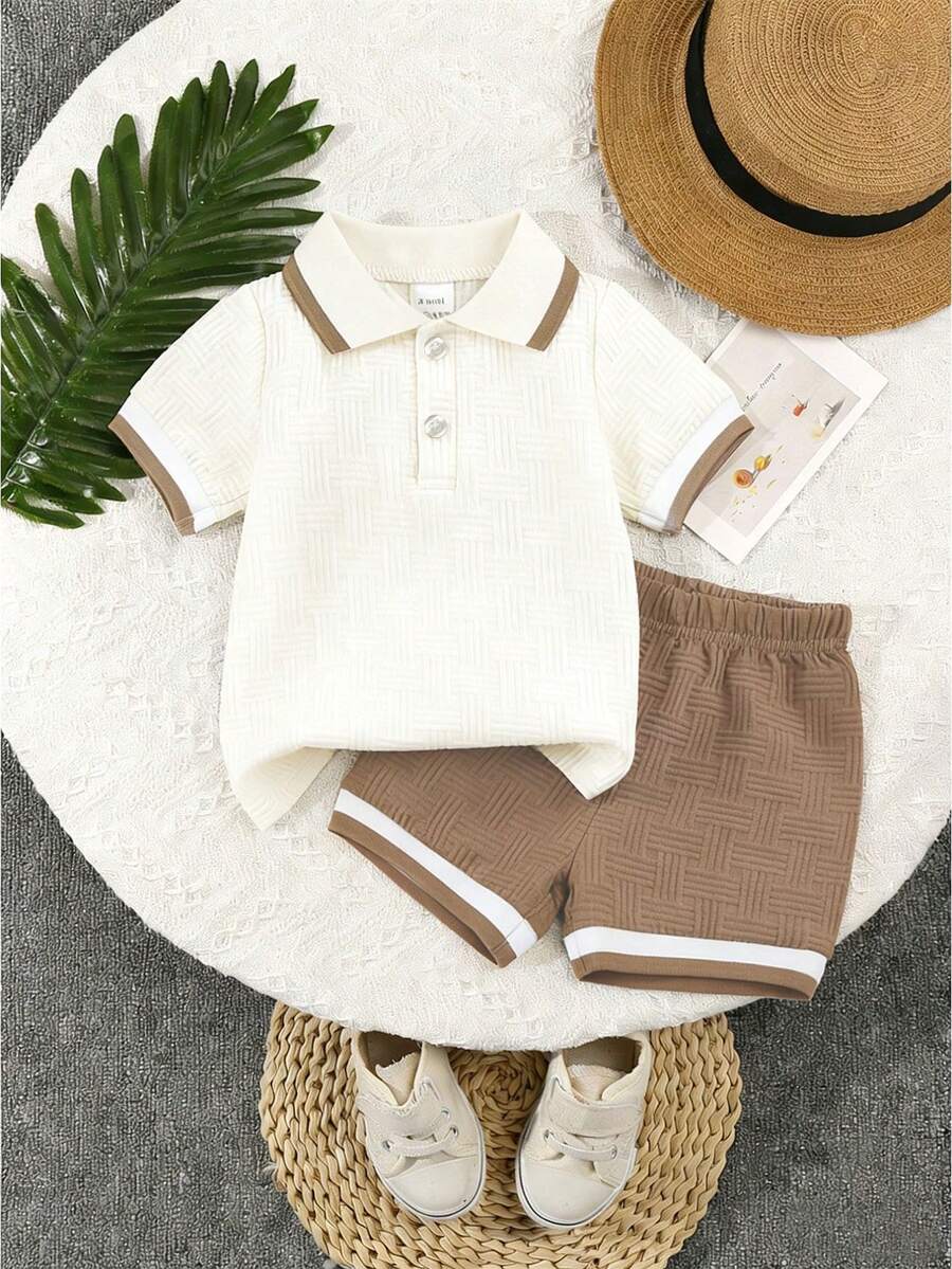 Set de 2 piezas de camisa polo de jacquard y pantalones cortos casuales para niños pequeños, para verano - Caqui - Ver 1