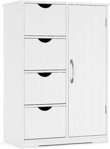 Badezimmerschrank, Beistellschrank mit 4 Schubladen, Schranktür & verstellbaren Ablagen, MDF Kommode, 55*28,5*81 cm, für Badezimmer, Wohnzimmer, Schlafzimmer, Esszimmer und Küche, Weiß - Weiß / 55 x 28,5 x 81 cm - Übersicht 9