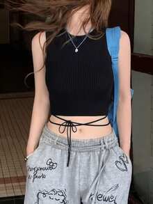 甜美火辣女孩针织吊带背心，无袖露脐修身设计，百搭夏季叠穿背心 - 黑色 - 查看 1