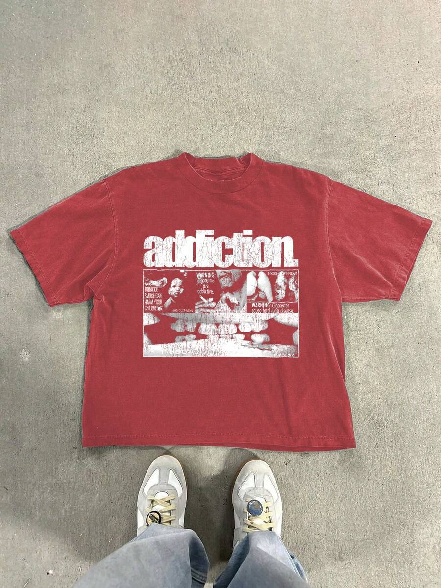 Camiseta vintage con estampado de letras desgastada para hombre, primavera/verano - Rojo - Ver 1