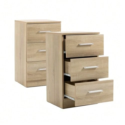 Set Of 2 Bedside Tables Made Of Chipboard, Nightstand With 3 Drawers, Bedside Table For Bedroom/Living Room, Natural Color, On-Site - 駝色 - 查看 1