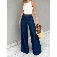 Quần jeans nữ dáng dài rộng, co giãn vừa phải, phong cách thường ngày và thanh lịch, thích hợp mặc dự tiệc, có chi tiết cúc cài. - Rửa tối - Xem 2