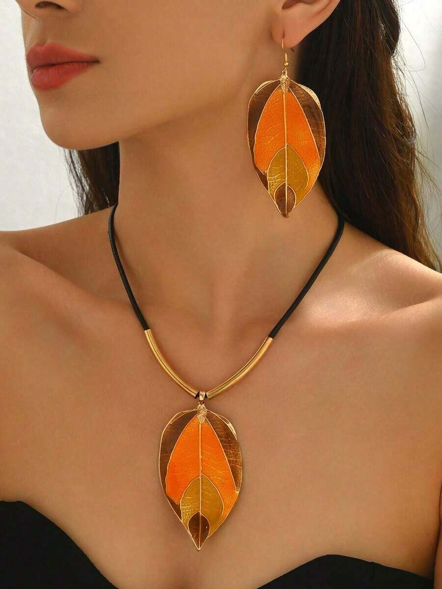 3pcs Autumn/Winter Vintage Oil Painting Leaf Necklace + Earrings Jewelry Set, Black Cord With Metal Design Curved Choker Necklace, Unique Design, High-End Gift For Daily, Vacation, Party Occasions (Asymmetrical Print Effect) - Nhiều màu - Xem 1