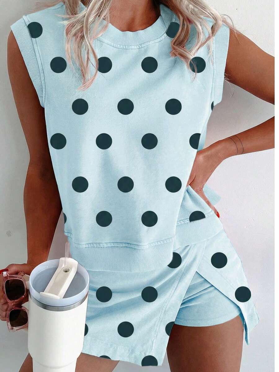 Mineral Wash Round Neck Tank Top Lined High Waist Split Skirt Set - 天藍色 - 查看 1