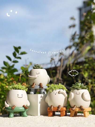 1pc Cute Cartoon Character Design Succulent Plant Pot, Creative Sitting Smiling Decor Mini Succulent Planter, Adorable Desktop Planter Suitable For Home, Office, Balcony, Garden Indoor And Outdoor Decoration, Novelty Cute Cactus Decor Small Succulent Planter, Decorative Mini Succulent Plant Pot