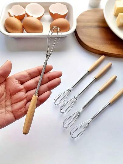 1pc Whisk With Solid Wood Handle, Kitchen Mini Stainless Steel Egg Beater, Milk Whipper Wire Whisk For Blending, Whisking, Beating, Or Stirring, For Whisking Egg Liquid And Whipping Cream, For Cake Making, Egg Mixing Tool, Small Kitchen Tool, Kitchen Small Gadget.